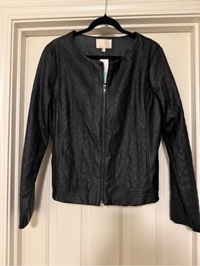 Skies Are Blue Black Quilted Leather Jacket with Front Zip